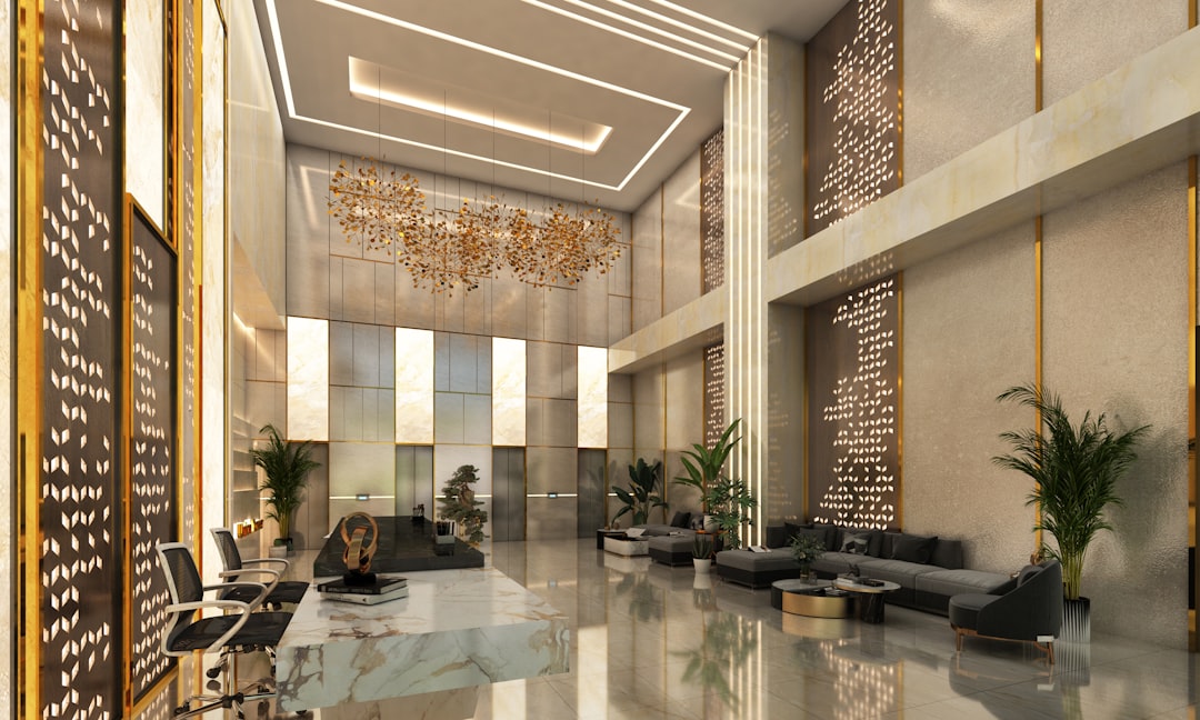 Luxurious marble lobby with dramatic lighting